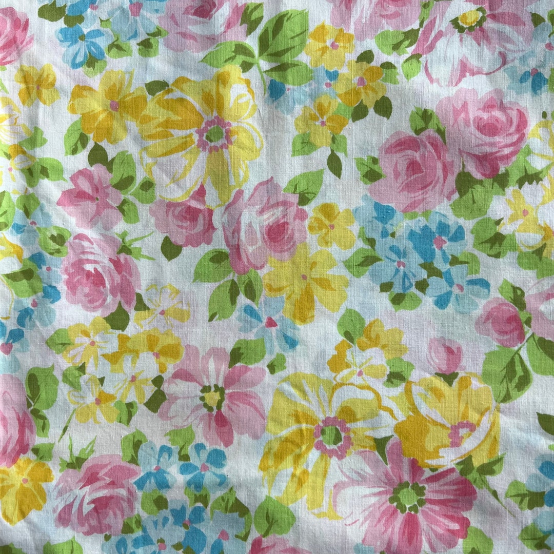 1970s Floral Flat Sheet by Pequot Yellow and Pink and Green Double Bed