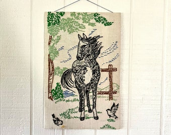 Vintage Horse Wall Hanging Handmade Embroidered Colt Black and Green 9" x  14" Made by Ma-Maw 1975