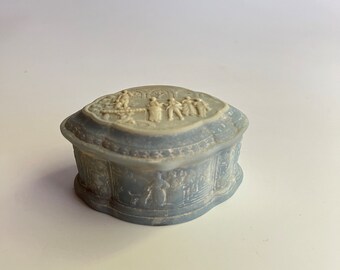 Vintage Blue Incolay Stone Type Jewelry Box with Victorian Style Hinged Trinket Box