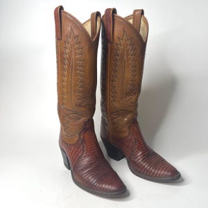 May include: A pair of brown and reddish-brown cowboy boots. The boots have a pointed toe and a stacked heel. The upper part of the boots is a lighter brown with decorative stitching, while the lower part is a darker reddish-brown with a textured pattern.