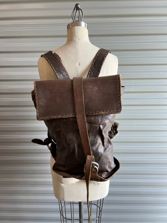 1970s Handmade Backpack Rugged Brown Leather Hand… - image 4