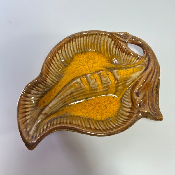 MCC Ashtray Brown and Orange and Yellow Gold Specks Small Leaf Shape Mid Century Mod Catch All Tray by Maurice California