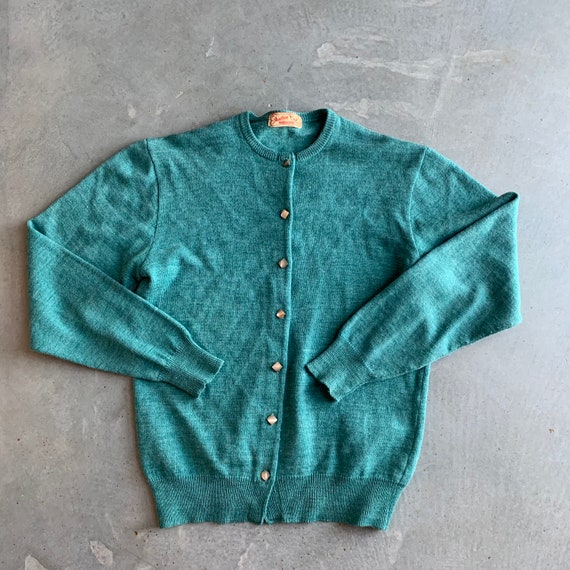 1950s Jantzen Sweater Green Knit Cardigan with Squ
