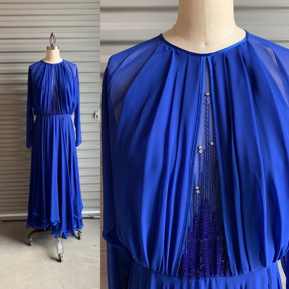 Vintage Flowy Sheer Dress with Beads Purple Chiffo