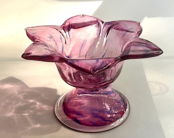アートガラス台座ボウル ピンクとブルーの花型 8インチ x 5インチ