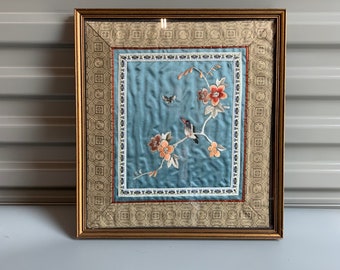 Wall Hanging Embroidered Bird on Silk Framed Asian Style 12 x 14