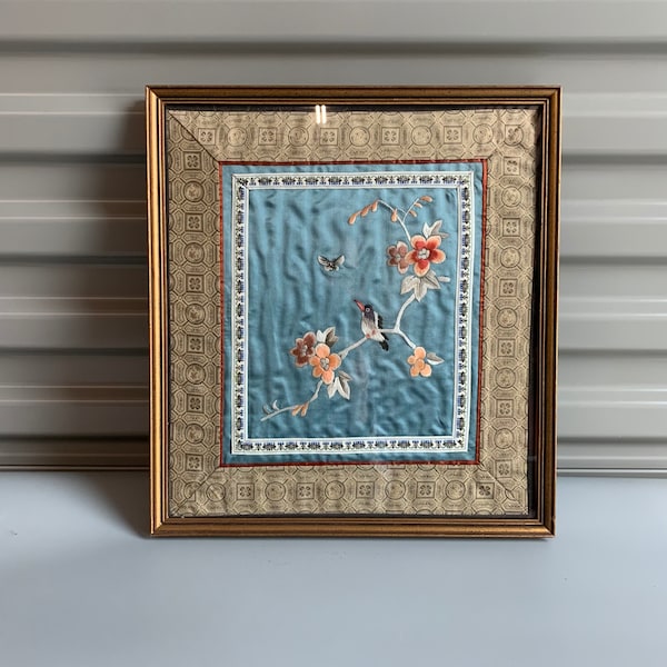 Wall Hanging Embroidered Bird on Silk Framed Asian Style 12 x 14