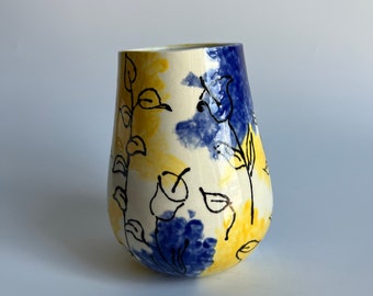 Small Hand Painted Vase Blue and Yellow Signed