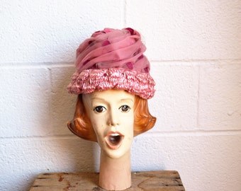 Pink Beehive Hat with Tulle Swirl Pink and Red Hearts by Wesco
