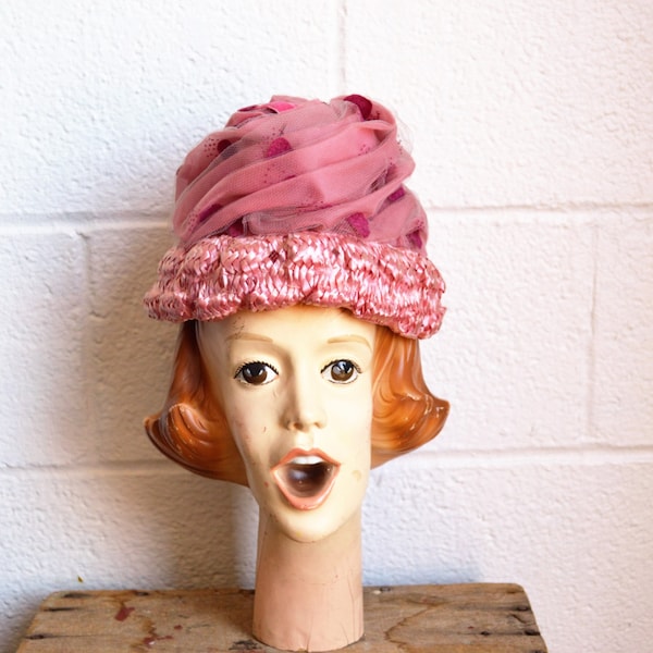 Pink Beehive Hat with Tulle Swirl Pink and Red Hearts by Wesco