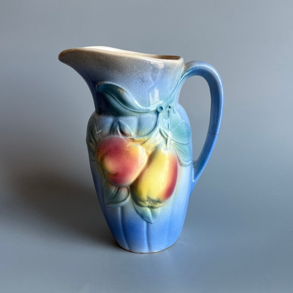 Vintage Pottery Pitcher 1940s Royal Copley Blue and Pink Apple Blossom Pattern Flower Vase