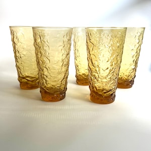 5 Amber Crinkle Glass Drink Glasses by Anchor Hocking Lido Milano Gold Tumblers Large