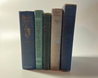 Vintage Books Green and Blue Hard Cover 1940s Decorative Bookcase Man Cave