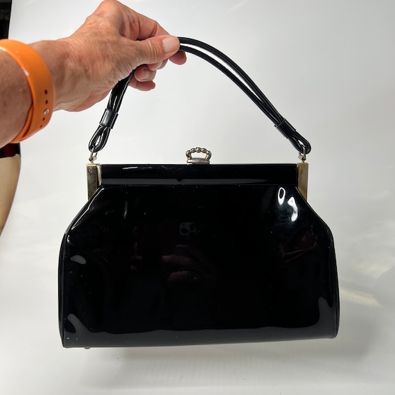Vintage Handbag 1950s Black Patent Pleather Purse - image 10