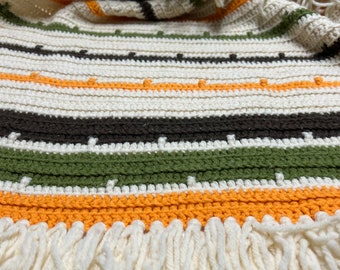 1970s Striped Acrylic Afghan: Orange, Brown, Green, Yellow, 40"x40"