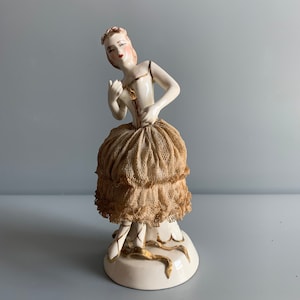 1940s Ceramic Ballerina California Dresden by Avis Long Lace Skirt