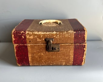 Vintage TrainCase Sewing Box with Red Alligator Embossed Faux Leather Distressed by SewKit Built by Neevel