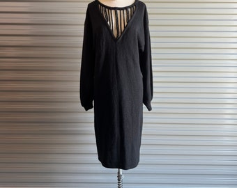 1980s Black Knit Sweater Dress with Rhinestones Size Medium to Large