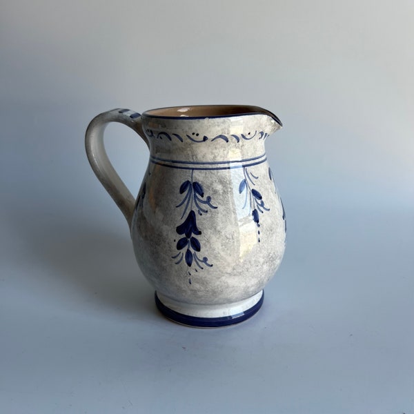 Vintage Italian Pottery Pitcher Deruta, Italy White and Blue 6” Signed by Sberna