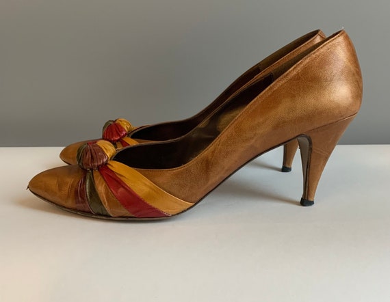 1960s Leather Shoes Stilletos Pointy Toe Copper B… - image 2