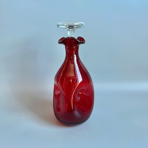 Blenko Pinched Decanter Bottle Red with Clear Top by Wayne Husted