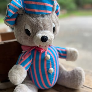 1960s Stuffed Mouse in Pajamas Blue and Pink Stripes Unmarked