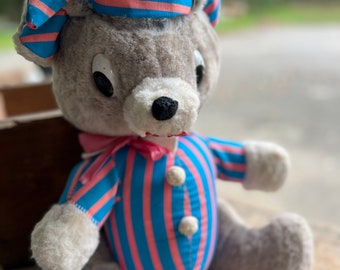 1960s Stuffed Mouse in Pajamas Blue and Pink Stripes Unmarked