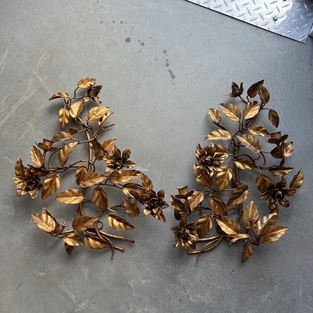 Vintage Metal Candle Wall Sconces Italian Tole Gold Gilt Large Etsy