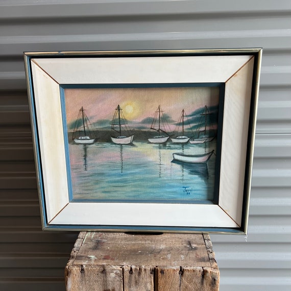 ヴィンテージ航海画：夕暮れの帆船、額入りウォールアート（14x11