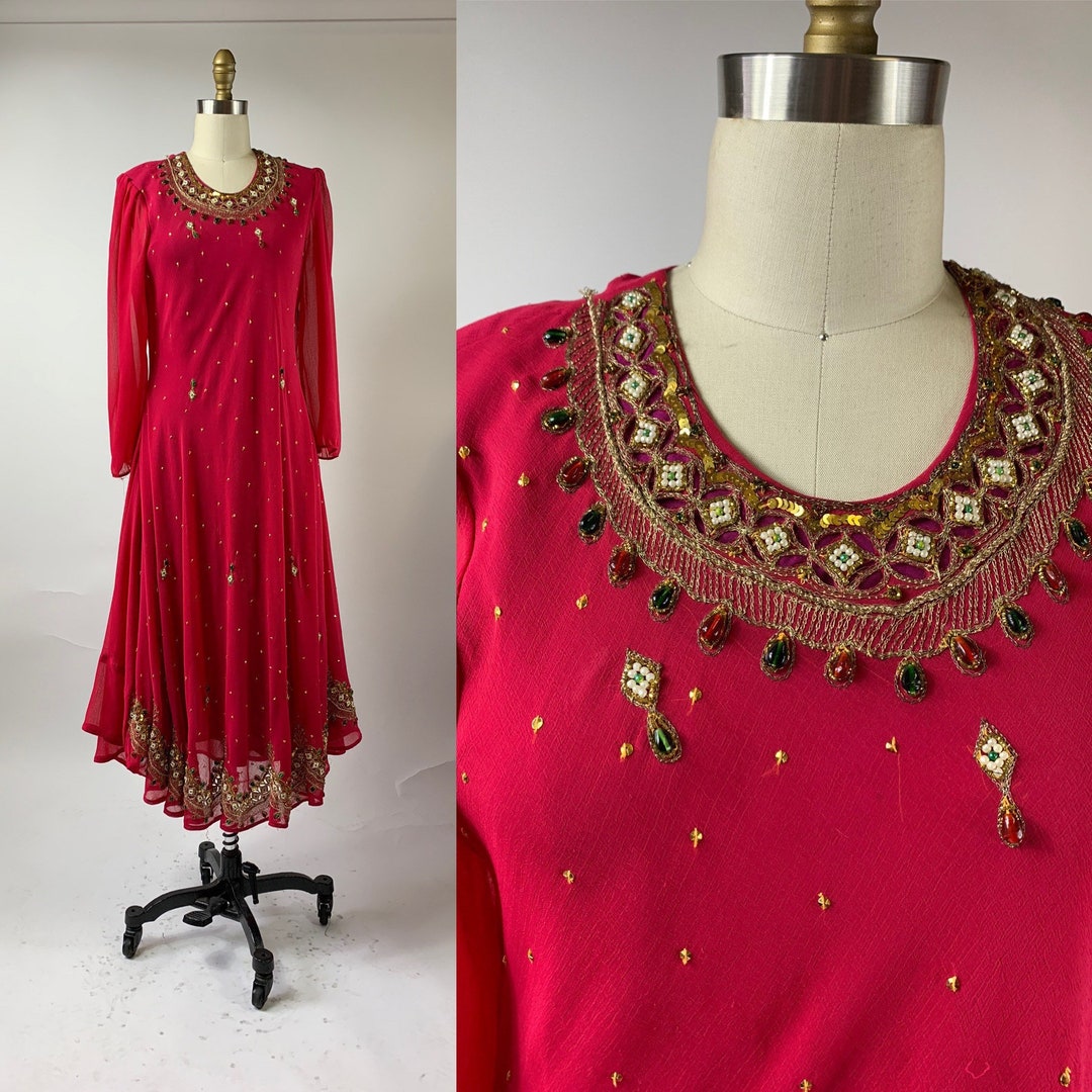 Dark Pink Gold Embroidered Indian Gown- clearance