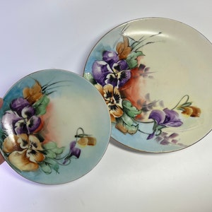 Pretty Porcelain Dishes 2 Plates Purple and Orange Pansies Hand Painted