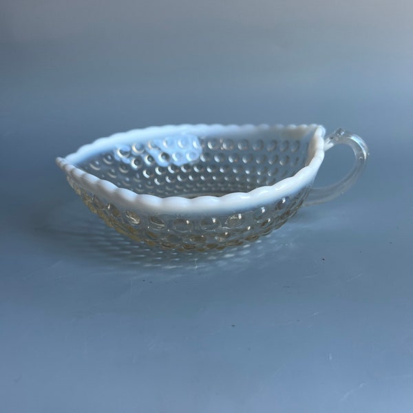 Hobnail Nappy Dish Moonstone French Opalescent Heart Shaped Shallow Dish with Handle 7"