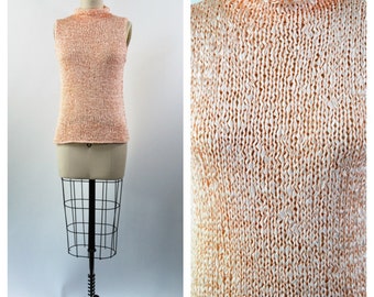 1980s Crochet Ribbon Top Small to Large PINK Woven Ribbon Sleeveless Blouse with Roll Collar