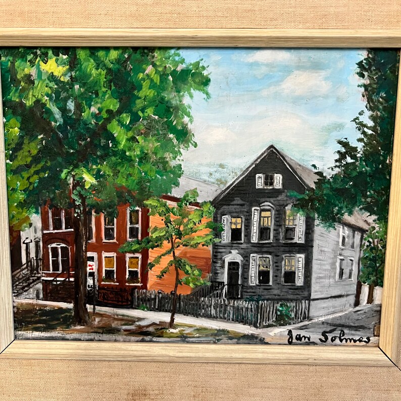 MCM Framed Small Town Street Painting: 1960s Landscape Art (17" x 15") image 5