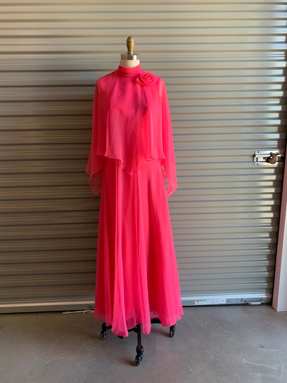 1970s Pink Chiffon Dress with Sheer Flowy Cape an… - image 2