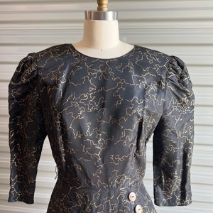 1980s Prom Dress Black and Gold with Big Sleeves Size Medium