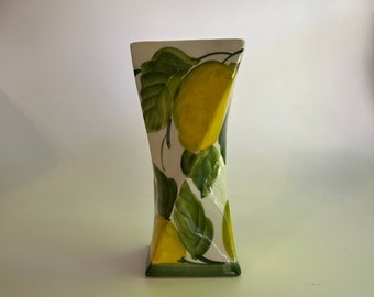 Italian Pottery Vase Hand Painted Twisted with Lemons Yellow and Green