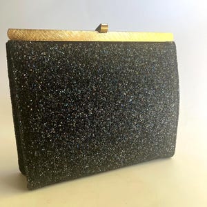 1950s Navy Blue Clutch with Sparkly Finish and Gold Hardware Rectangle Shape