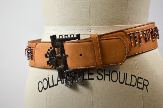 Leather Boho Belt Brown With Large Silver Buckle and Bead  display picture 1