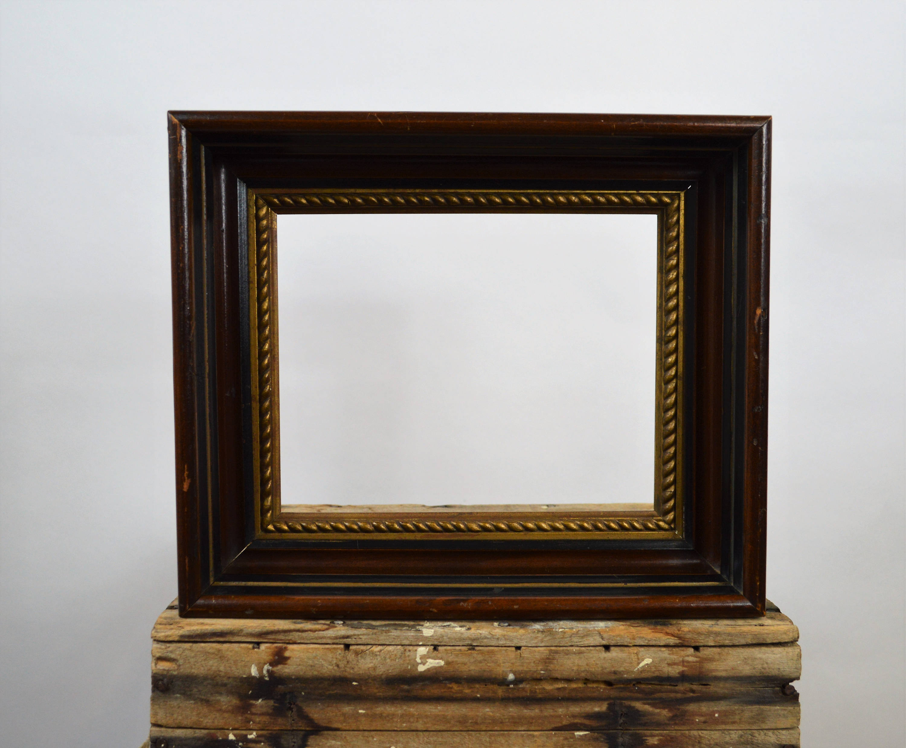 Vintage Wood Art Frame 12 X 14 Distressed Hard Wood Frame Thick with Gold Rope Trim Art Frame