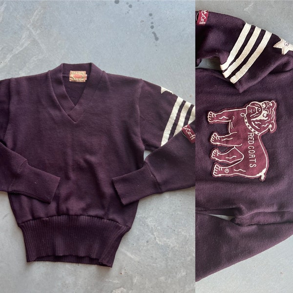 1950s School Sweater Drill Team Burgundy Red and White Worsted Wool Size 36 Bulldog Patch