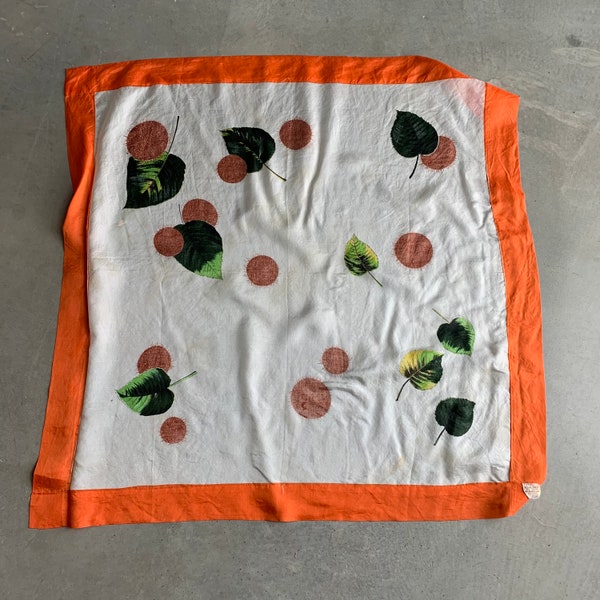 Large Rayon Scarf White with Orange Border Leaves and Seeds 32" Square