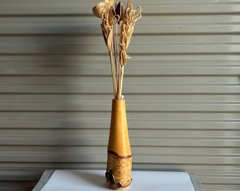 Large Wood Vase with Wooden Flowers Handmade Vintage Art Sculpture