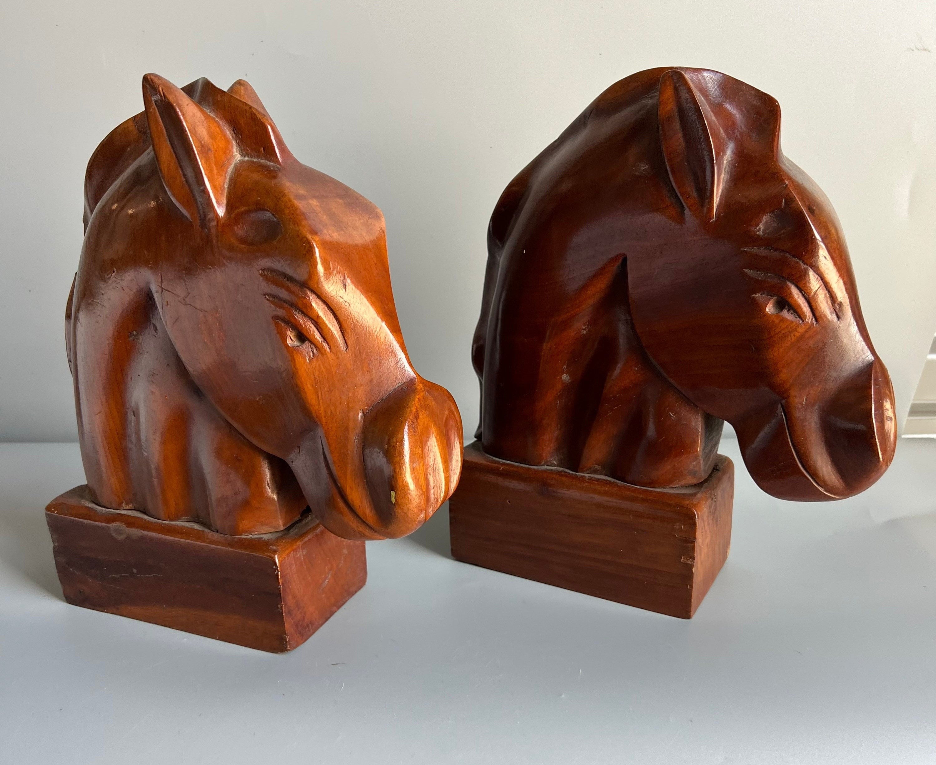 Wooden Horse Head Bookends Large Mahogony Wood Hand Carved