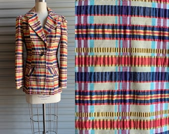 Plaid Seersucker Jacket Blue Orange Yellow and White Spring Summer Size Small