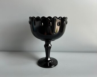 Black Glass Compote or Vase or Dish with Pedestal Foot Scalloped Edge 8"