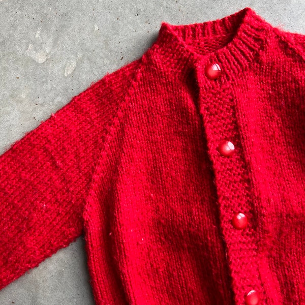 1960s Girls Red Cardigan Wool Blend Sweater with Red Pearl Buttons