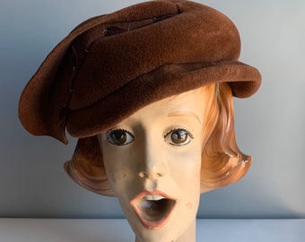 1940s Hat Brown Felt Velour Beret Tilt Hat with Leaf Beads