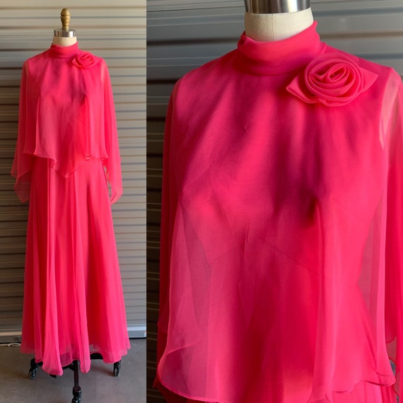 1970s Pink Chiffon Dress with Sheer Flowy Cape an… - image 1