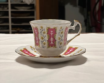 English China Tea Cup and Saucer Elizabethan Fine Bone China England Vines and Flowers Red and Yellow